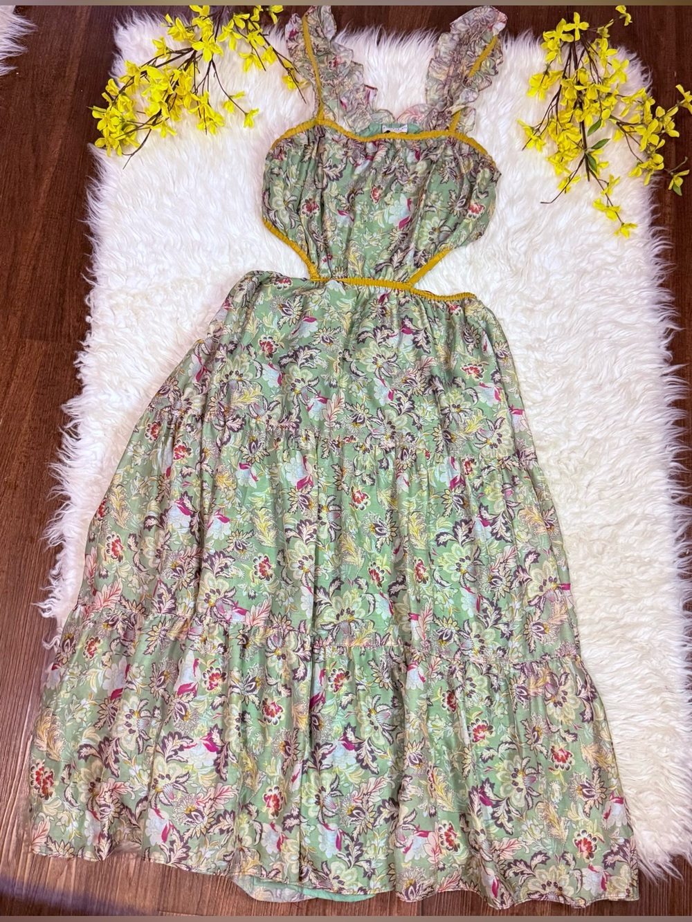 Current Air Green Floral Midi Dress with Yellow Trim and Ruffle Straps